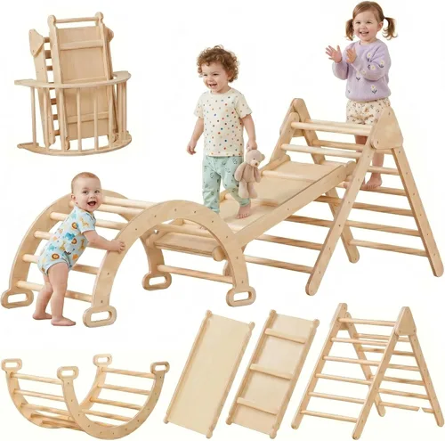 LINKHOO Pikler Triangle Set of 3, Wooden Montessori Climbing Set for Toddlers Ages 2-6, Indoor Jungle Gyms with Arch, Ramp and Ladder, Natural