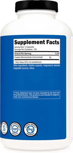 Miniatura 5 de Nutricost Monohidrato de creatina 3000 mg (750 mg por cápsula), 500 cápsulas (3 botellas)