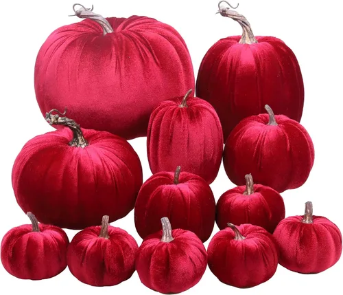 Miniatura 10 de Gresorth 12 calabazas artificiales grandes de terciopelo para Halloween, hechas a mano, decoración de centro de mesa de cosecha de otoño