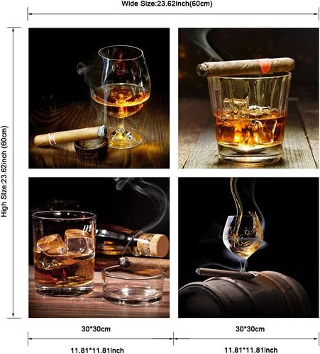 Miniatura 6 de Pyradecor Lienzo de whisky de cigarro, vino, arte de pared, licor, bodegón, pinturas para cocina, bar, pub, decoración del hogar, 4 piezas, moderno