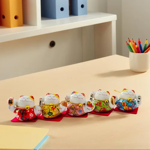 Lucky Statue - Juego de figuras de cerámica china de gato, 5 mini gatos de la fortuna, adorno de escritorio pequeño, colección de ideas asiáticas