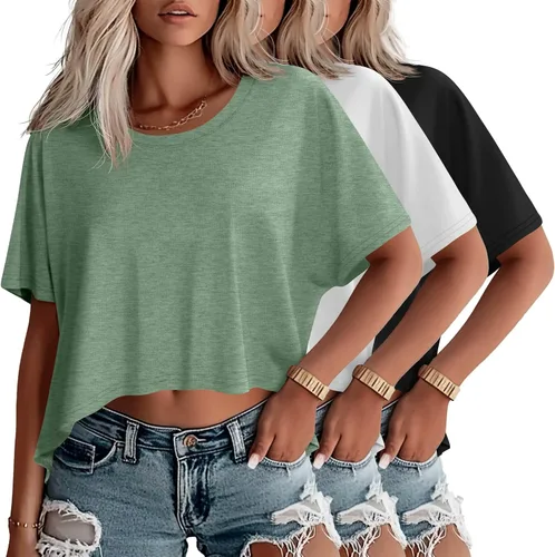 Miniatura 12 de Huukeay Paquete de 3 camisetas recortadas de gran tamaño para mujer, manga corta, holgadas, cuello redondo, holgadas, para entrenamiento