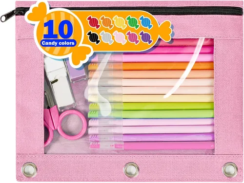 Miniatura 21 de Forvencer Estuche para lápices de 3 anillas, estuche transparente con cremallera suave, bolsa de lápices de gran capacidad con 3 ojales reforzados