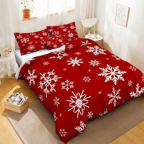 Miniatura 8 de Juego de ropa de cama de Navidad con funda de edredón de copos de nieve, color blanco y rojo, con estampado navideño, juego de ropa de cama festiva