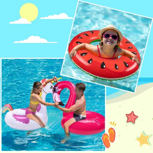 Miniatura 6 de Juego de 3 flotadores de piscina para adultos, unicornio + flamenco + sandía, flotadores inflables de playa para adultos, niños de 8 a 12 años