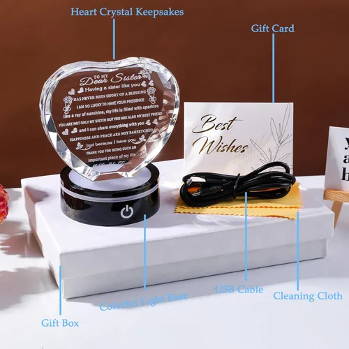 Miniatura 7 de YWHL Regalos de cumpleaños para hermanas con base LED colorida de corazón de cristal para mi hermana, regalo significativo para hermanas en Navidad