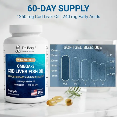 Miniatura 7 de Dr. Berg Aceite de hígado de bacalao Omega-3 de máxima potencia (1250 mg) de bacalao capturado en la naturaleza - Aceite de pescado Omega-3