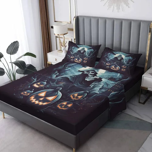 Miniatura 30 de Sábanas de Halloween tamaño Queen – Juego de sábanas espeluznantes de la parca para niños y niñas, juego de sábanas espeluznantes, microfibra suave