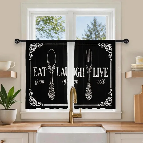 Miniatura 13 de Barn Door Printed Polyester Short Kitchen Curtains 27.5" W x 36" L, Rod Pocket Rustic Wood Door Curtains, Small Decorative Window Curtains for
