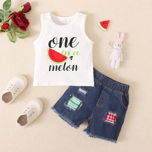 Miniatura 8 de Moonker Conjunto de 2 piezas de ropa de verano para bebés y niñas pequeñas con camiseta y pantalones cortos