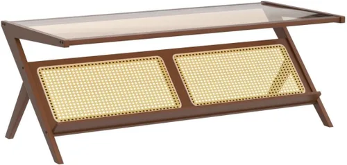 Miniatura 5 de Bamworld - Mesa de centro moderna de mediados de siglo con tapa de vidrio, mesa central de ratán con almacenamiento para sala de estar, color marrón