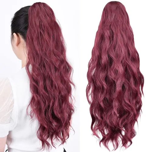 Miniatura 52 de Extensiones de cola de caballo, extensiones de cabello rizado con clip de garra de color marrón oscuro para mujer, peluca sintética de cola