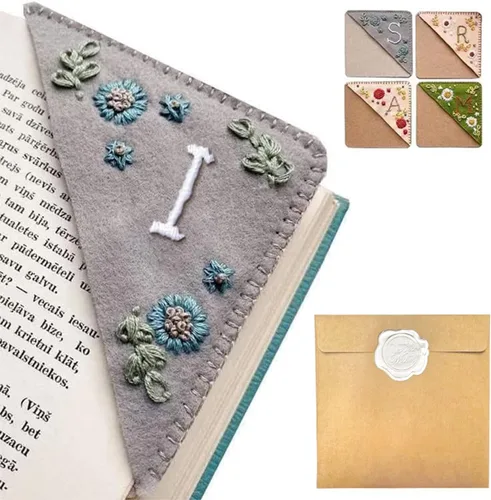 Miniatura 84 de Marcapáginas de esquina bordado a mano personalizado, 26 letras con costura a mano de fieltro, marcapáginas de esquina con bordado de flores lindo