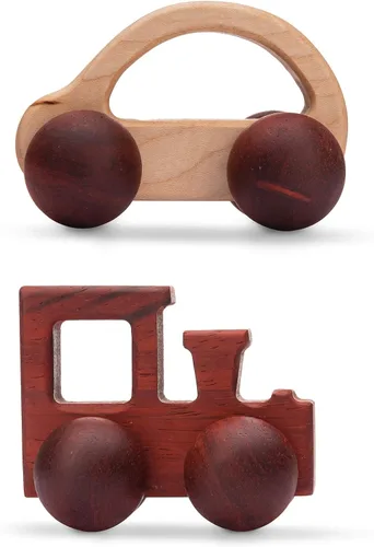 2 piezas de sonajero de madera orgánica coches de madera de empuje juguetes Montessori educativos de madera natural juguetes inspirados bebé recién