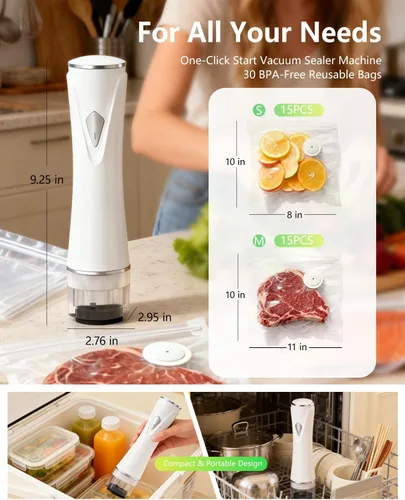 Miniatura 3 de Sellador al vacío de mano para alimentos con tanque de agua visible, potente máquina selladora al vacío compacta con 30 bolsas de vacío