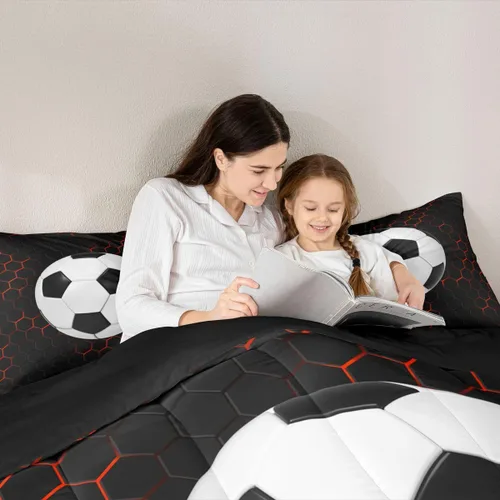 Miniatura 5 de Juego de edredón de panal negro y rojo para adolescentes, jóvenes y adultos, juego de ropa de cama de fútbol y fútbol, juegos de edredón hexagonales