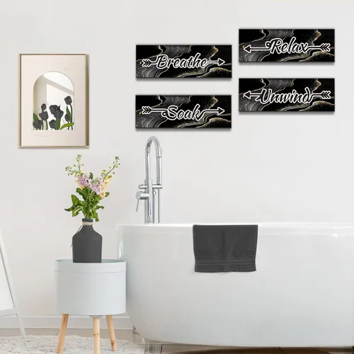 Miniatura 5 de Lnond 4 piezas de arte de pared de mármol negro y dorado para baño, decoración de letreros de relajación y respiración, arte de pared de baño