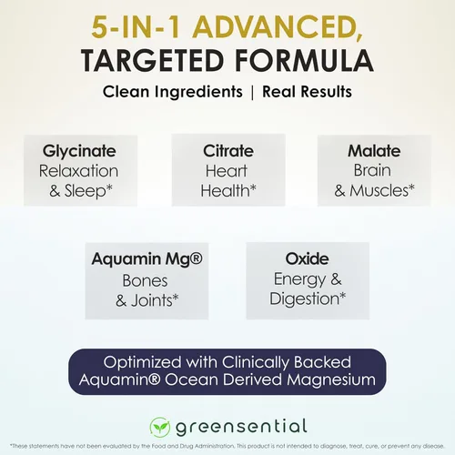 Miniatura 3 de Greensential Complejo de magnesio 500 mg Suministro de 2 meses Glicinato, Malato, Citrato, Óxido y Aquamin® Apoyo para dormir, músculos