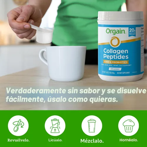Miniatura 8 de Orgain - Péptidos de colágeno hidrolizado + Polvo de prebióticos y probióticos para mujeres y hombres, 20 g de colágeno alimentado con pasto, 1 mil
