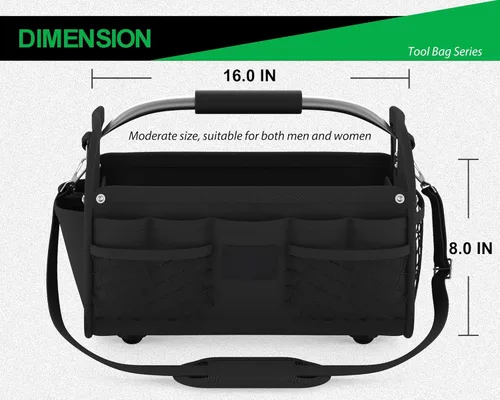 Miniatura 5 de Bolsa de herramientas de 16 pulgadas, bolsa de mano con parte superior abierta y correa, bolsa de herramientas impermeable para electricista, Negro