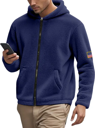 LIZALIG Chaqueta de forro polar suave con cuello alto para hombre, con cremallera completa, casual, acogedora, con bolsillos con cremallera para Azul
