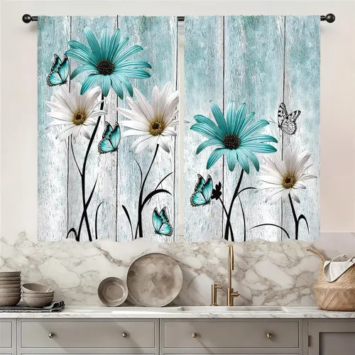 Cortinas de Cocina Florales de Granja Azul Verdoso 27.5W X 39L Pulgadas 2 Paneles con Bolsillo para Barra Flores Rústicas Vintage Country Turquesa