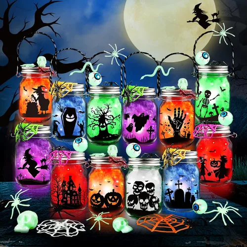 Miniatura 8 de Kit de manualidades de Halloween para niños, 4 tarros de vidrio con accesorios para tarro de farol de bricolaje, suministros de fiesta de arte