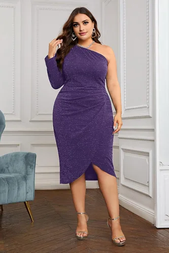 Miniatura 8 de KIMCURVY Vestido midi con purpurina para mujer, talla grande, con un hombro descubierto, fruncido, para fiesta de cóctel