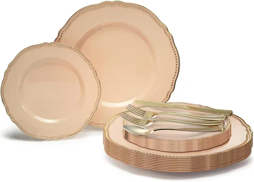 Miniatura 19 de OCCASIONS" Paquete de 50 platos (25 invitados) - Juego de platos de plástico desechables resistentes para fiestas de boda - 25 x 10.25'' para cena