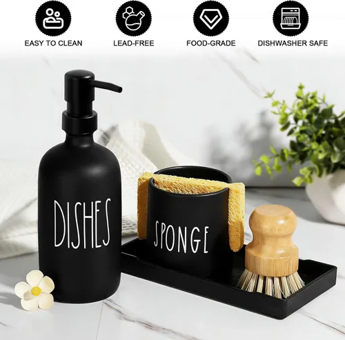 Miniatura 3 de Dispensador de jabón para platos para cocina, dispensador de jabón de platos de vidrio con soporte para esponja, juego de dispensador negro
