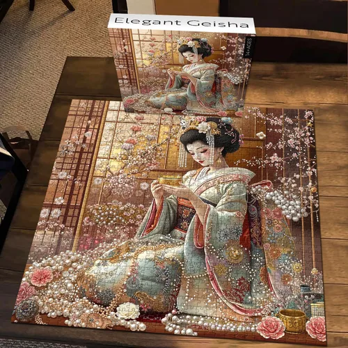 Miniatura 8 de PICKFORU Elegantes rompecabezas de geisha para adultos de 1000 piezas, rompecabezas retro con kimono de flor de cerezo, rompecabezas de arte japonés
