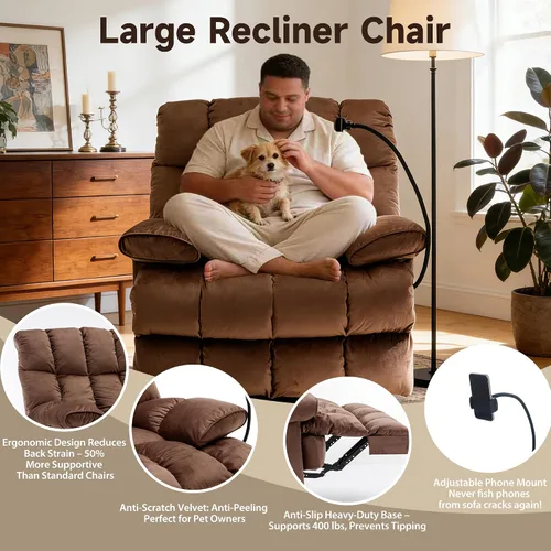 Miniatura 4 de Euthymia Silla reclinable de gran tamaño, sillas reclinables grandes y altas para adultos, 400 libras, silla reclinable grande, reclinable extra