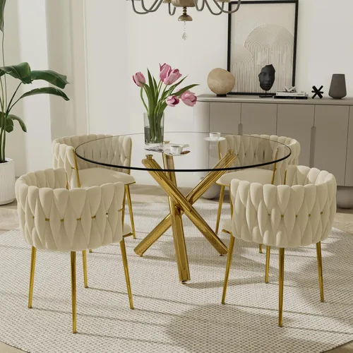 Miniatura 16 de Juego de mesa redonda dorada para 4, juego de mesa de comedor de 39'' con tapa de vidrio transparente, juego de mesa de cocina circular moderna de 5