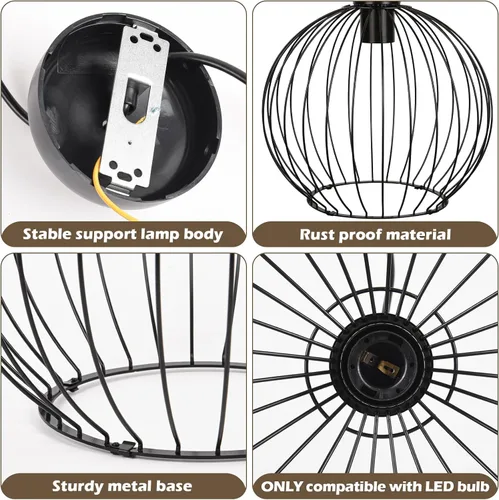 Miniatura 6 de GLOBOTECH Lámpara de araña industrial moderna de bola negra, lámpara colgante de jaula de metal, base E26 (sin bombilla), requiere montaje