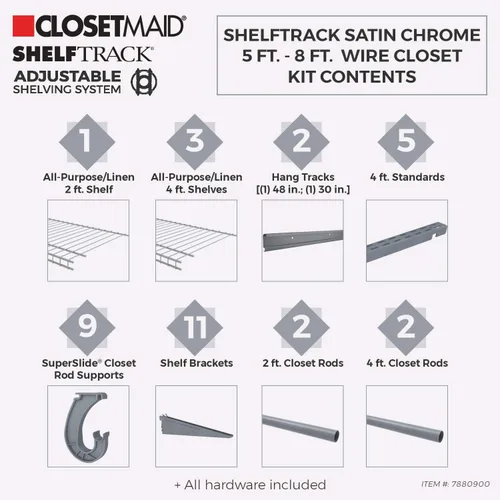 Miniatura 10 de ClosetMaid ShelfTrack - Sistema organizador de alambre para armario, ajustable de 5 a 8 pies, con estantes, barras de ropa, herrajes, acero Cromo