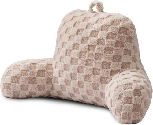 A Nice Night Almohada de lectura de piel sintética, cuadrícula esponjosa a cuadros, almohada de cuña grande para adultos y niños, respaldo con Beige
