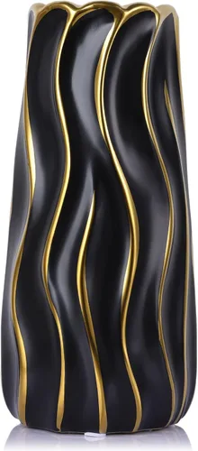 Florero de cerámica negra de 9.5 pulgadas, florero minimalista negro y dorado, jarrón grande de hierba de las pampas, jarrón decorativo bohemio para