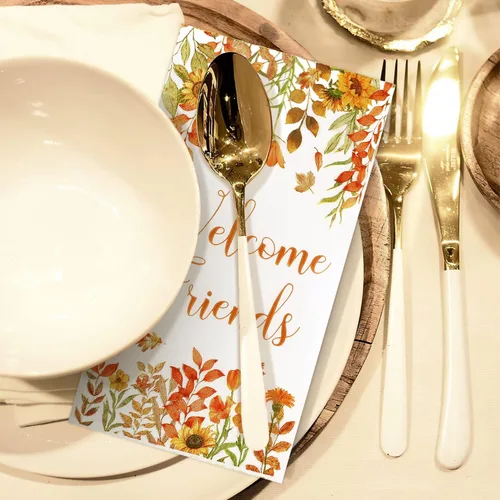 Miniatura 7 de Quera 100 servilletas de papel desechables con hojas de otoño con texto en inglés "Welcome Friends", servilletas de papel desechables para Acción