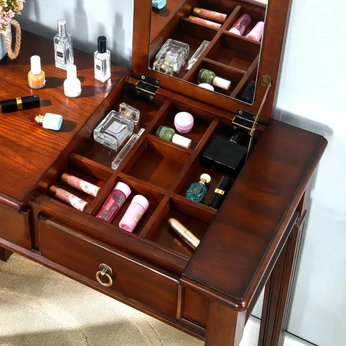 Miniatura 6 de Escritorio pequeño con juego de taburetes, mesa de tocador de maquillaje con espejo abatible y taburete tapizado, tocadores de madera maciza con 2