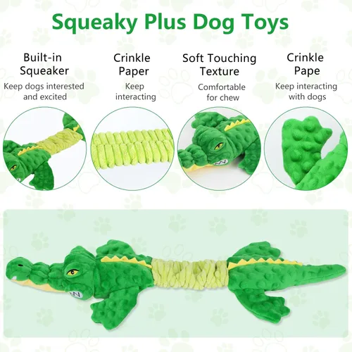 Miniatura 2 de Letsmeet Juguetes Grandes de Cocodrilo Chirriante para Perros, Juguetes Interactivos para Cachorros con Papel Arrerugado, Juguete de Tirones