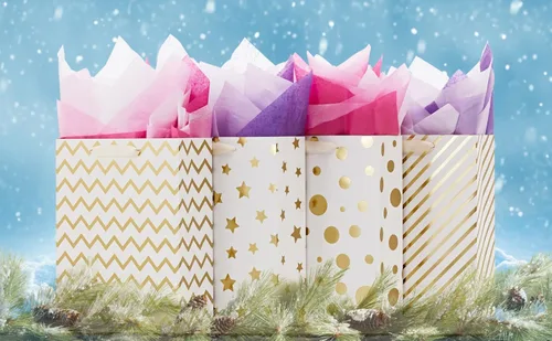 Miniatura 6 de UNIQOOO 12 bolsas de regalo de Navidad doradas metálicas a granel con asa, grandes de 12.5 x 10 pulgadas, bolsas de papel geométrico moderno surtido