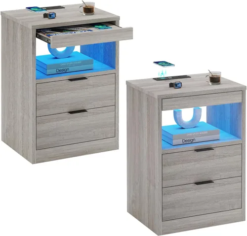 Miniatura 10 de ADORNEVE Mesita de noche LED negra con estación de carga inalámbrica, 2 cajones, moderna mesa auxiliar de dormitorio con luces LED, mesa de noche