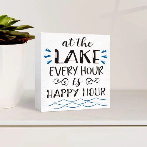Miniatura 3 de Letrero de madera con texto en inglés "Lake Every Hour is Happy Hour", decoración de escritorio para el hogar, dormitorio, oficina, escritorio