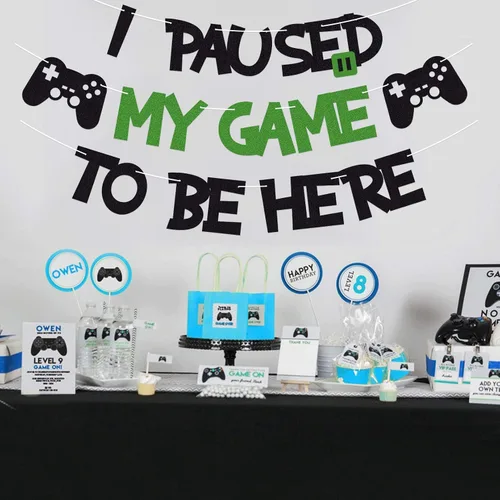 Miniatura 7 de Cartel de decoración de fiesta temática de videojuegos con purpurina con texto en inglés "I Paused My Game To Be Here