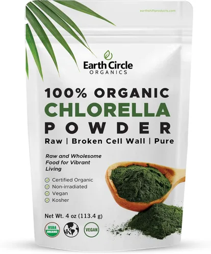 Earth Circle Organics Chlorella en polvo orgánico | Vegano, Kosher, pared celular rota, alto en proteínas, fibra y clorofila | Algas súper verdes,