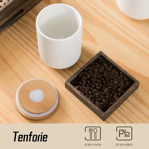 Miniatura 7 de Juego de recipientes blancos para cocina, 3 recipientes de cerámica con tapa de madera hermética, tarro de almacenamiento de alimentos, recipientes