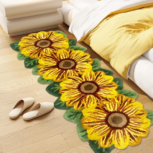 USTIDE Alfombra de girasol esponjosa, alfombra suave y lanuda de flores, hecha a mano, alfombras modernas, lavables, para sala de estar, lavandería,