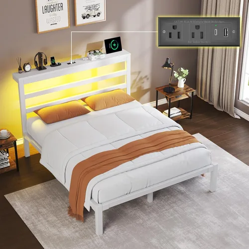 Miniatura 9 de E-Motie Marco de cama tamaño doble con cabecera de almacenamiento, plataforma industrial con estación de carga y luces LED, espacio