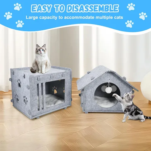 Miniatura 5 de Casa desmontable de 2 plantas para gatos de interior, camas cubiertas y muebles con acolchado lavable, bonito condominio moderno para mascotas