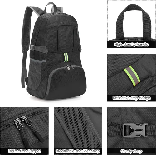 Miniatura 8 de Yaopeing Mochila ligera, plegable de 25 litros, resistente al agua, bolsa de hombro de viaje al aire libre para mujeres y hombres, color negro Azul